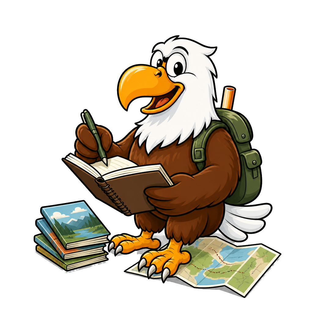 Aero the eagle mascot writing travel guides and blog information